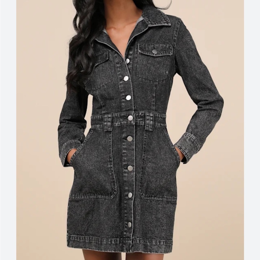 Lulu's Notoriously Cool Black Cotton Denim Longline Shirt Dress NWT Size L